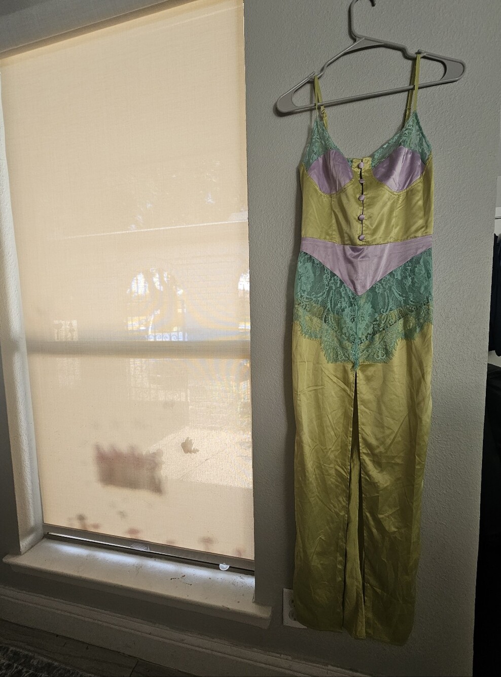 Silky Satin Lace Slip Dress in Lime Green and Lavender
